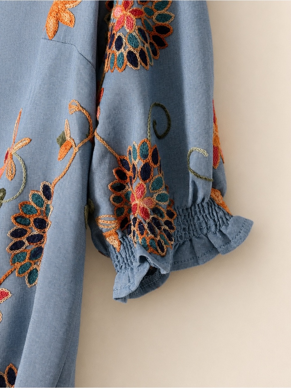 Parami Design Embroidered Floral Chambray Blouse Boho Puff Sleeve XL - Picture 3 of 6